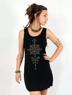 Robe Courte Sans Manches Imprimée "Freyja", Noir Et Or