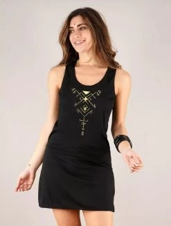 Robe Courte Sans Manches Imprimée "Skadja", Noir Et Or