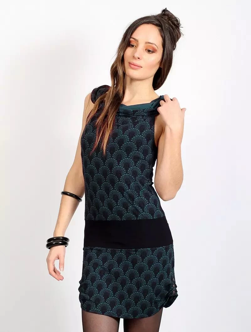 Robe Tunique Imprimée "Kokeshi Drop", Bleu Pétrole 1 Robe Tunique Imprimée "Kokeshi Drop", Bleu Pétrole