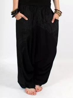 Sarouel Fluide Imprimé "Ginie Paisley", Noir Et Gris