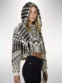 Sweat Crop Top à Capuche "Metropolis", Blanc Crème Imprimé Noir