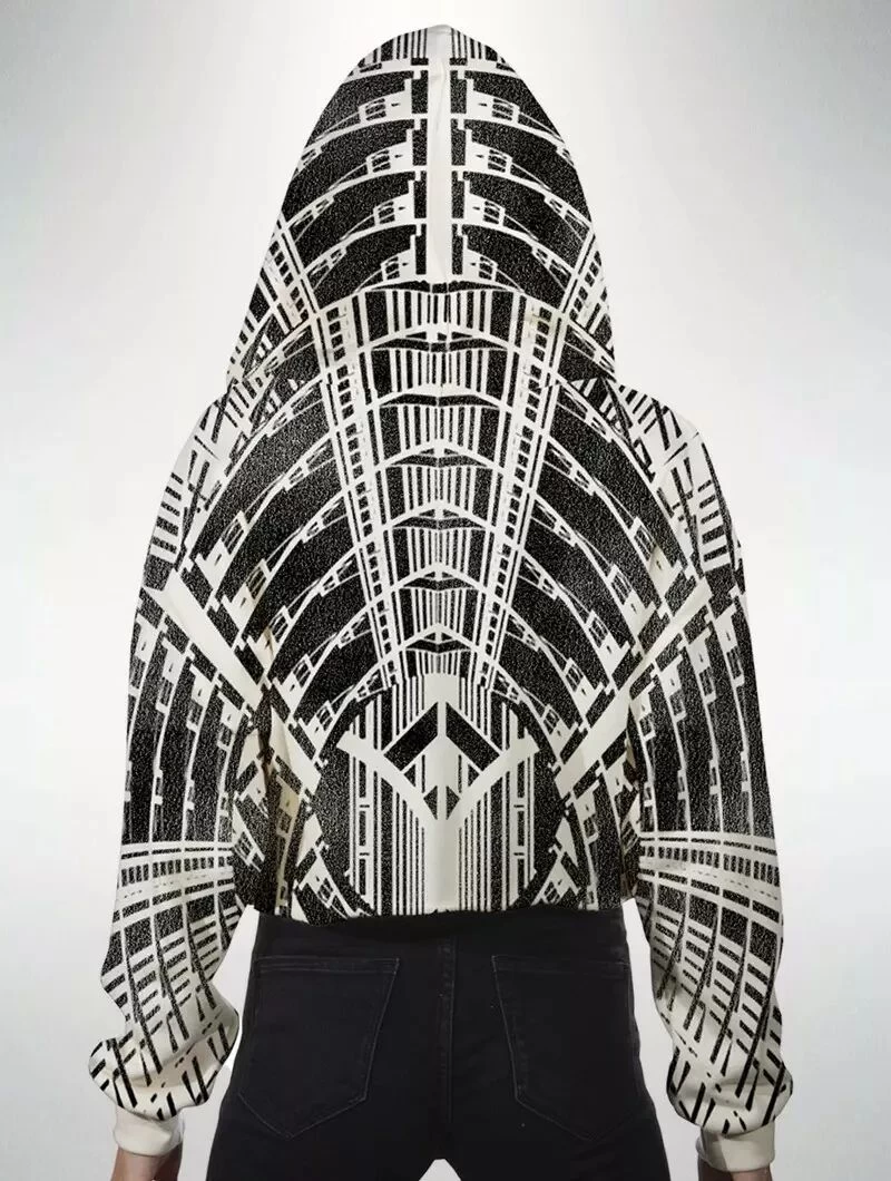 Sweat Crop Top à Capuche "Metropolis", Blanc Crème Imprimé Noir 2 Sweat Crop Top à Capuche "Metropolis", Blanc Crème Imprimé Noir – Image 2