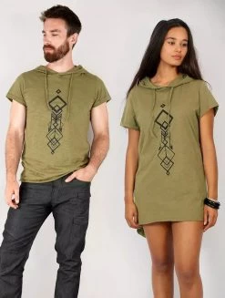 T-shirt Long à Capuche Unisexe "Singha", Vert Kaki Et Noir