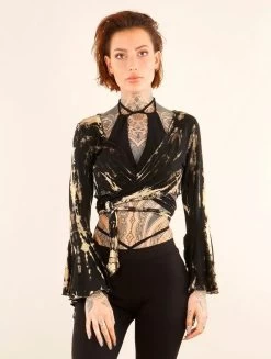 Top Boléro Manches Longues évasées "Apala", Noir Tie Dye