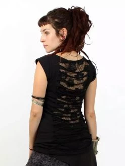 Top Manche Courte Avec Dos En Dentelle "Enlit", Noir