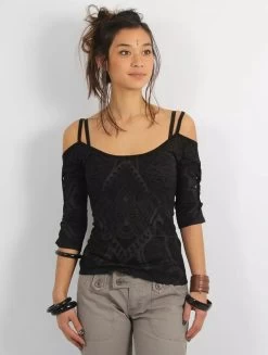 Top Imprimé à Manche 3/4 Et Dos Découpés Et Tressés "Sedna Africa", Noir -Magasin De Vêtements Pour Femmes top imprime a manche 3 4 et dos decoupes et tresses sedna africa noir p image 341864 grande