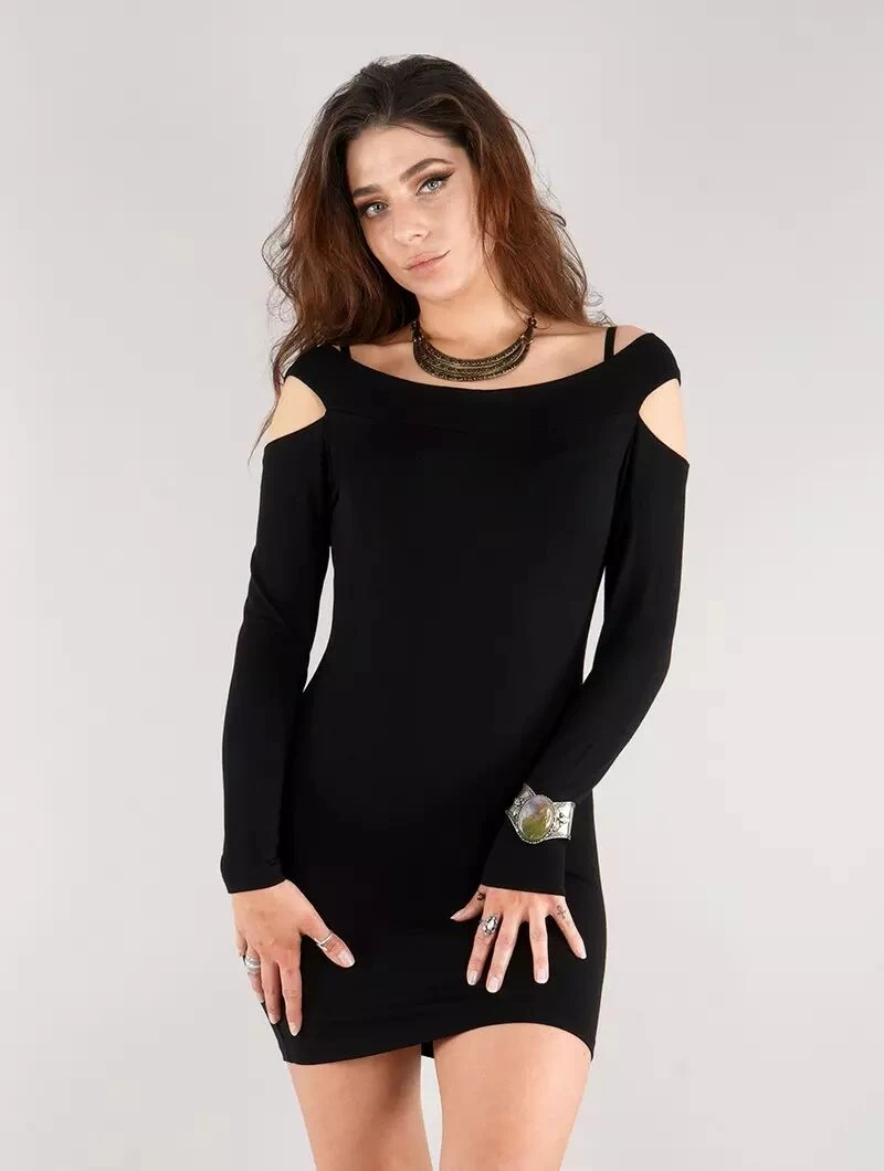 Tunique Manches Longues épaules Dénudées "Kalani", Noir 1 Tunique Manches Longues épaules Dénudées "Kalani", Noir