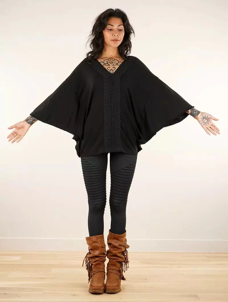 Top Poncho Réversible à Manches 3/4 "Nükäa", Noir 2 Top Poncho Réversible à Manches 3/4 "Nükäa", Noir – Image 2